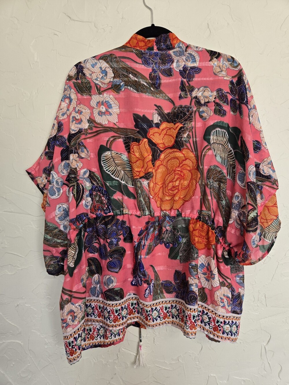Free People Metallic Stripe Floral Drawstring Waist Pink Orange Kimono Top, OS - Picture 6 of 11